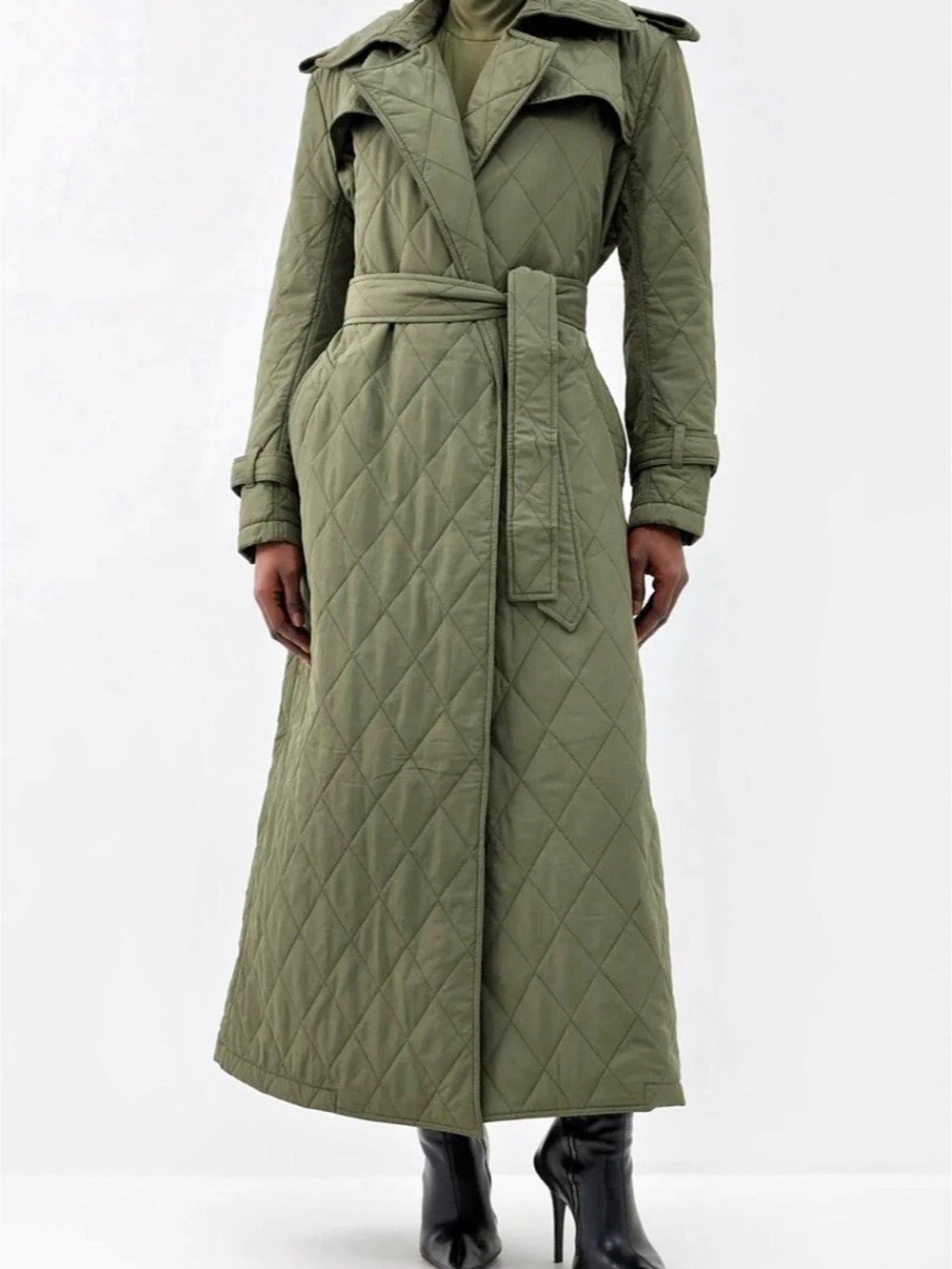 Norma Kamali NWT Quilted Maxi Trench Coat Military Green XL/42